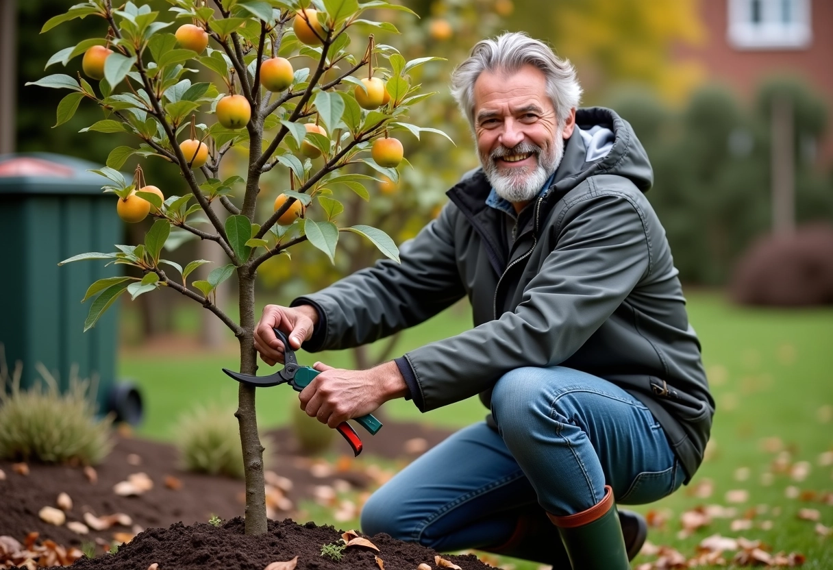 Homme retraité taille un arbre fruitier dans le jardin en automne