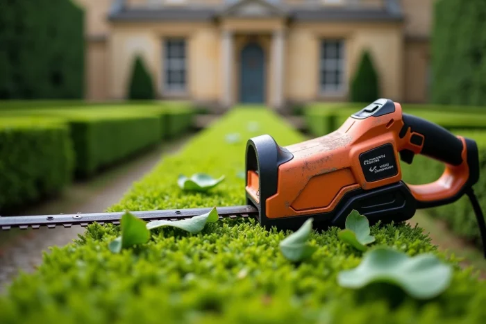 Taille-haie électrique sans fil posé sur une haie de buis fraîchement taillée dans un jardin formel