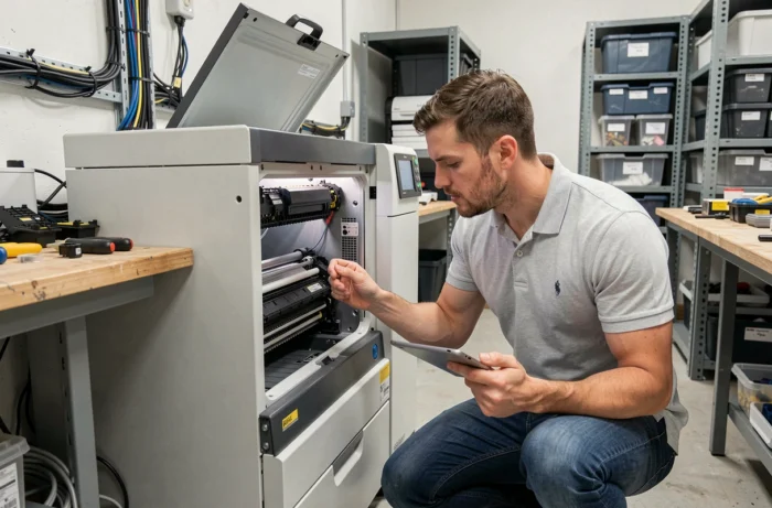 Technicien informatique effectuant la maintenance d'une imprimante professionnelle industrielle dans un atelier back-office d'entreprise