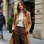 Femme portant un blazer oversize camel et un pantalon large marron dans une rue pavée parisienne, tenue tendance automne-hiver