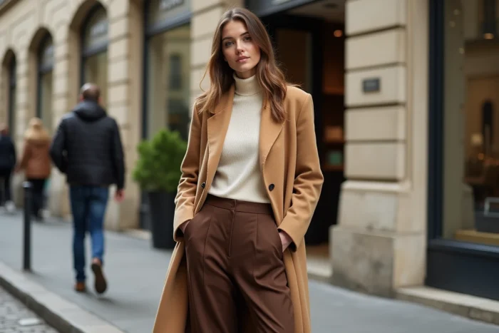 Femme portant un blazer oversize camel et un pantalon large marron dans une rue pavée parisienne, tenue tendance automne-hiver