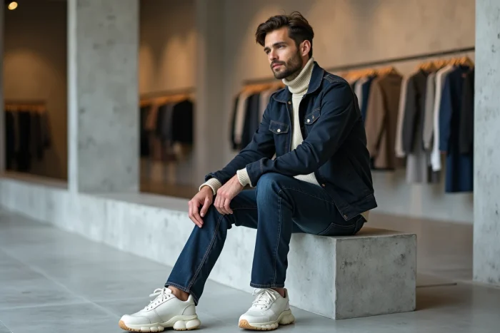 Homme en veste utilitaire marine et jean indigo assis dans un concept store minimaliste, style tendance masculin contemporain