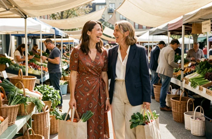 Deux femmes aux styles complémentaires rient ensemble dans un marché en plein air, inspirations mode au quotidien