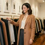 Femme élégante en manteau camel explorant les tendances mode dans une boutique parisienne raffinée