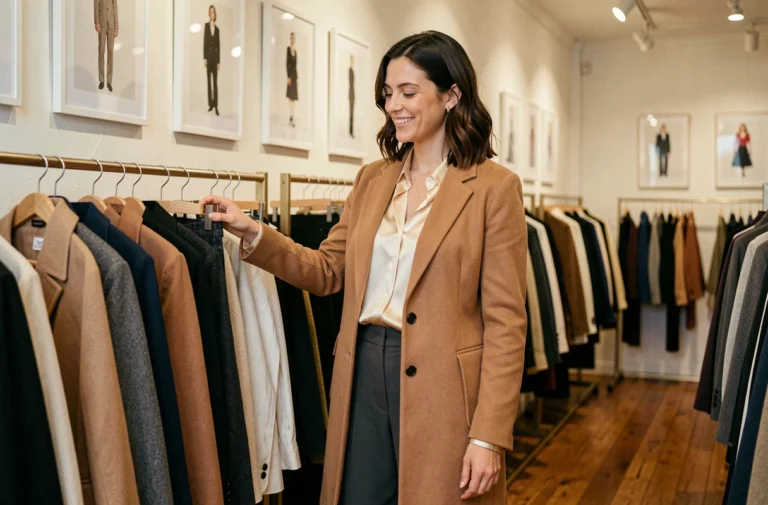 Femme élégante en manteau camel explorant les tendances mode dans une boutique parisienne raffinée