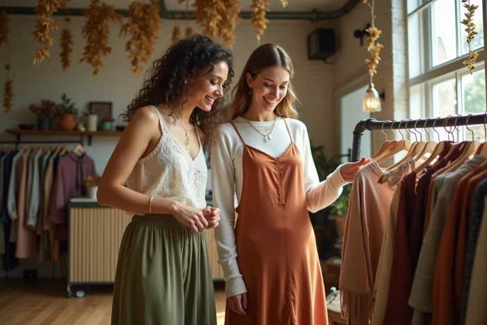 Deux femmes aux styles tendance automne exploraient des vêtements dans une boutique vintage chaleureuse aux murs en briques apparentes