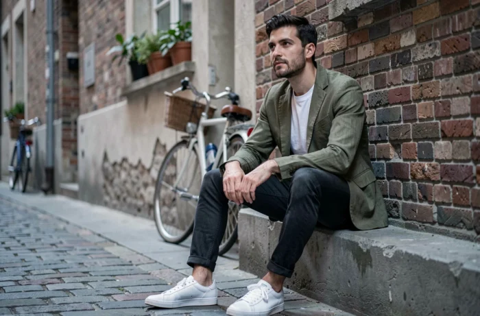 Homme stylé en blazer lin olive assis dans une ruelle pavée européenne, style mode urbain décontracté
