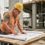 Ouvrier en bâtiment examinant des plans architecturaux sur un chantier de construction urbain