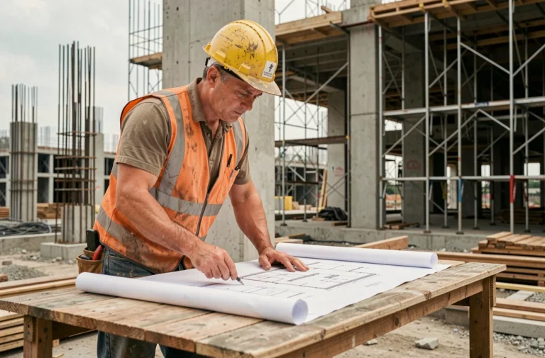 Ouvrier en bâtiment examinant des plans architecturaux sur un chantier de construction urbain