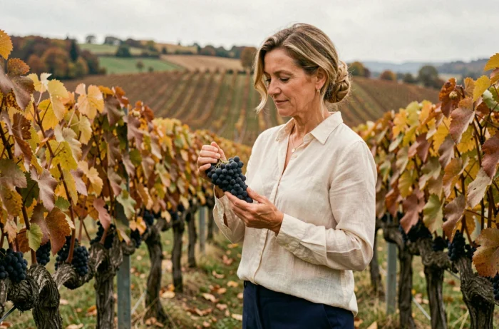 Femme tenant une grappe de raisin Pinot Noir entre les vignes de Gevrey-Chambertin en automne