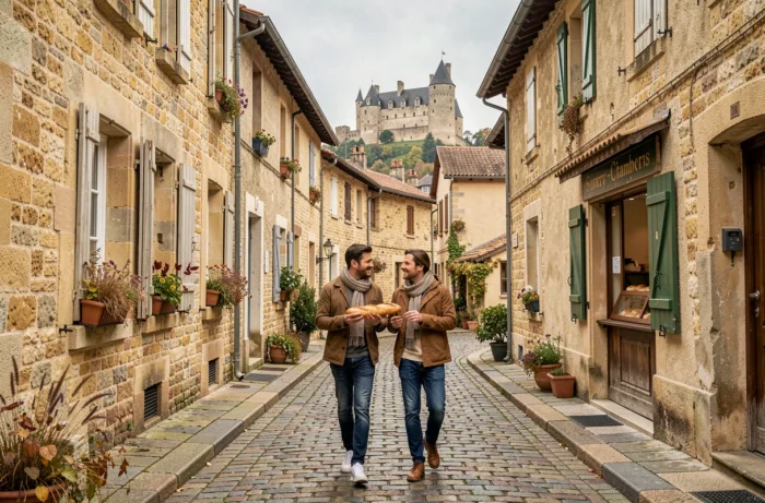 Village authentique de Gevrey-Chambertin avec couple se promenant dans les rues en pierres dorées de Bourgogne