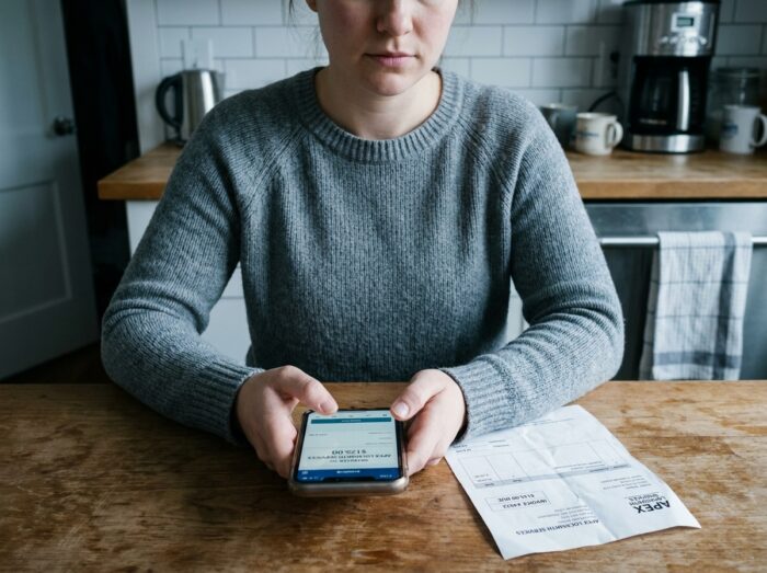 Jeune femme effectuant un virement bancaire sur smartphone pour payer un serrurier