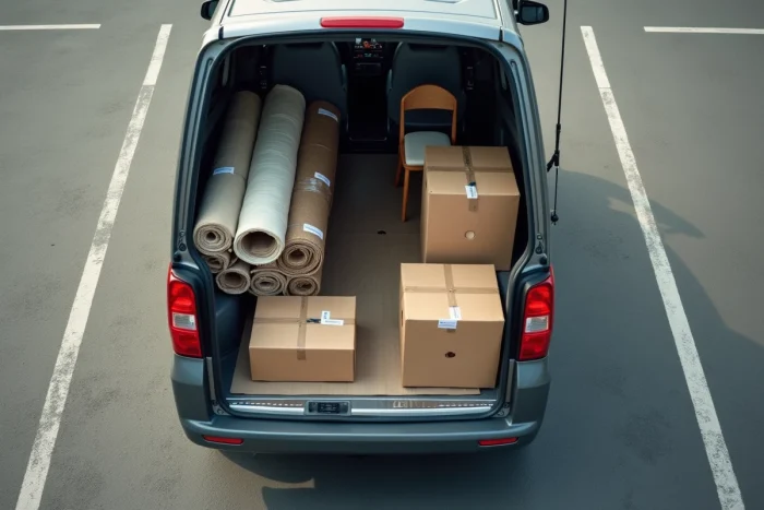 Vue aérienne du dessus d'un utilitaire 3m3 rempli de meubles et cartons emballés pour un déménagement